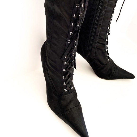 Black Satin Corset Lace-up Heeled Boots Sidezip 8 - Picture 4 of 15